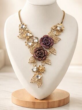 Gold-Toned Bib Statement Necklace Featuring 3D Rose Flowers And Rhinestones